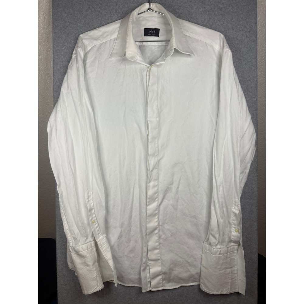 Hugo Boss White Two Ply Cotton French Cuff Dress Shirt 16.5 34/35 RN73616